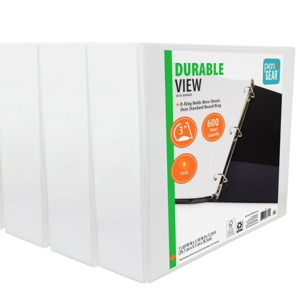 Pen + Gear Durable View White 3-inch Binder with Slant D 3-Rings Set Of 3